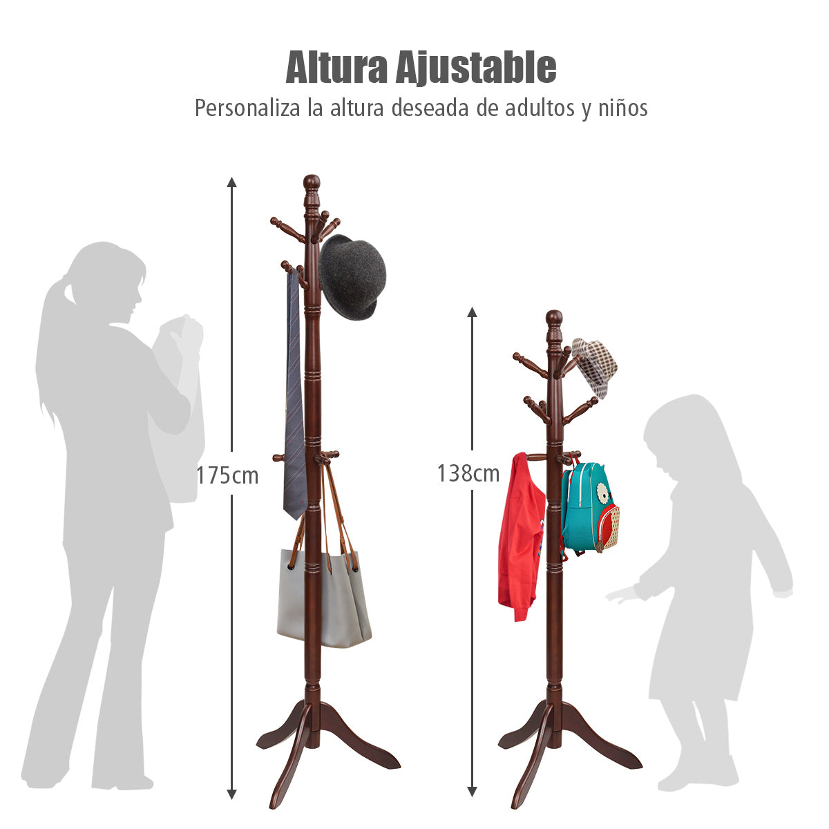 Perchero con 9 Ganchos Soporte para Abrigos con Base de Tres Patas y Altura Ajustable Hasta 175cm-Marrón