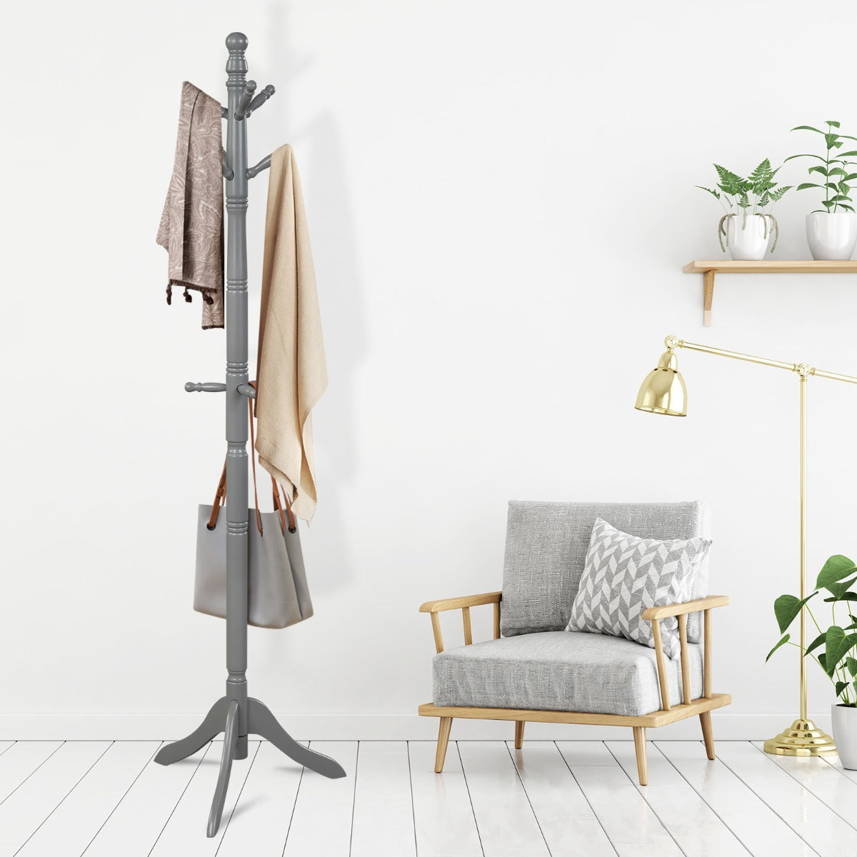 Perchero con 9 Ganchos Soporte para Abrigos con Base de Tres Patas y Altura Ajustable Hasta 175cm-Gris