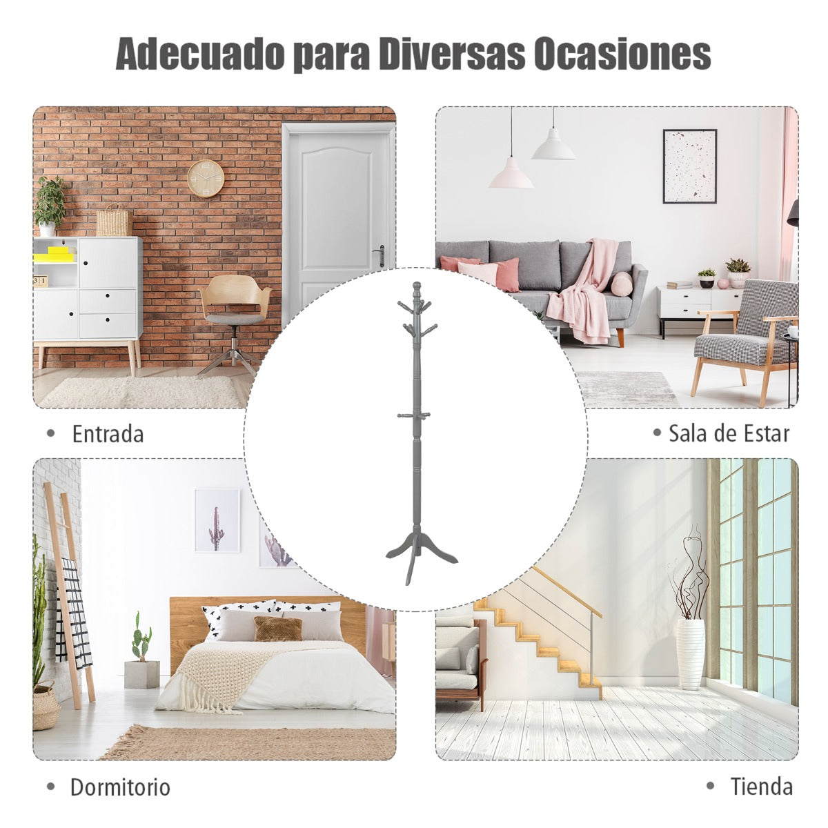 Perchero con 9 Ganchos Soporte para Abrigos con Base de Tres Patas y Altura Ajustable Hasta 175cm-Gris