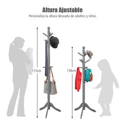 Perchero con 9 Ganchos Soporte para Abrigos con Base de Tres Patas y Altura Ajustable Hasta 175cm-Gris