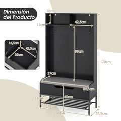 Perchero de 170 CM con Banco Organizador 4 en 1 con Cojín Compartimentos Ganchos Estante para Zapatos para Entrada Dormitorio Negro