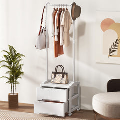 Mueble con Perchero y Cajones Rodante Interior con Ganchos Laterales y Barra de Colgar Armario Independiente para Dormitorio Entrada Blanco