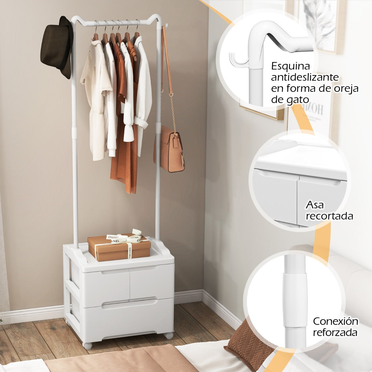 Mueble con Perchero y Cajones Rodante Interior con Ganchos Laterales y Barra de Colgar Armario Independiente para Dormitorio Entrada Blanco