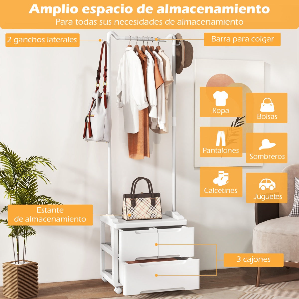 Mueble con Perchero y Cajones Rodante Interior con Ganchos Laterales y Barra de Colgar Armario Independiente para Dormitorio Entrada Blanco