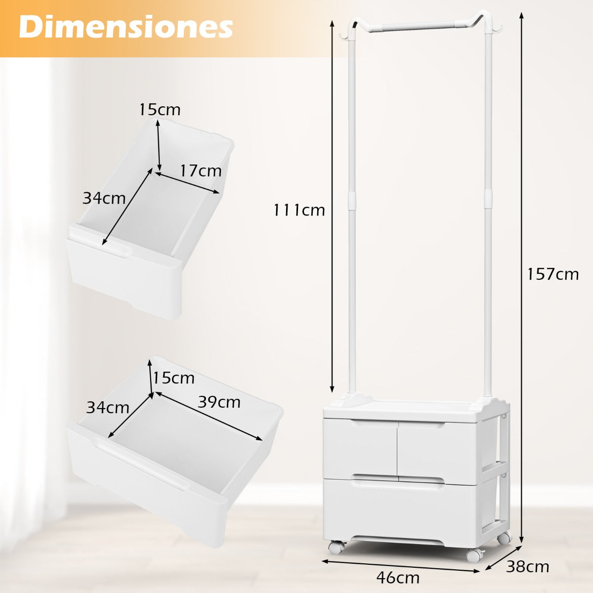 Mueble con Perchero y Cajones Rodante Interior con Ganchos Laterales y Barra de Colgar Armario Independiente para Dormitorio Entrada Blanco