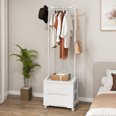 Mueble con Perchero y Cajones Rodante Interior con Ganchos Laterales y Barra de Colgar Armario Independiente para Dormitorio Entrada Blanco
