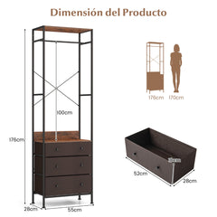Perchero con Cajones Organizador de Armario Independiente con Barra para Colgar y Estantes para Entrada Dormitorio 55 x 28 x 176 cm Marrón