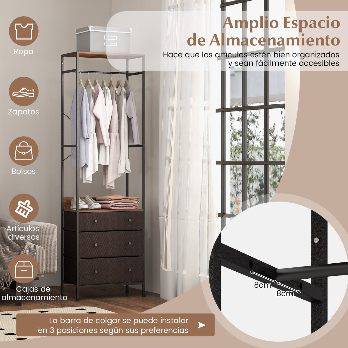 Perchero con Cajones Organizador de Armario Independiente con Barra para Colgar y Estantes para Entrada Dormitorio 55 x 28 x 176 cm Marrón