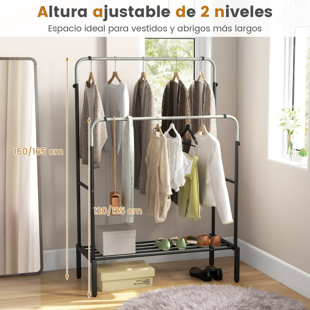 Perchero de Doble Varilla con Alturas Ajustables Perchero de Metal Resistente para Colgar Ropa Dormitorio Organizador de Ropa Plata