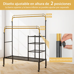 Perchero de Doble Varilla con Barras para Colgar de Altura Ajustable Estantes de Almacenamiento Ruedas Bloqueables para Colgar Oro