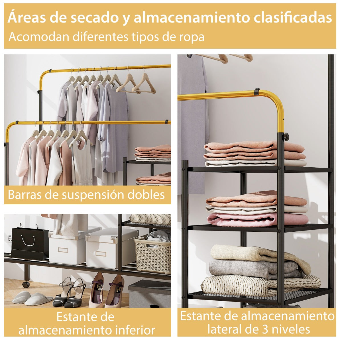 Perchero de Doble Varilla con Barras para Colgar de Altura Ajustable Estantes de Almacenamiento Ruedas Bloqueables para Colgar Oro