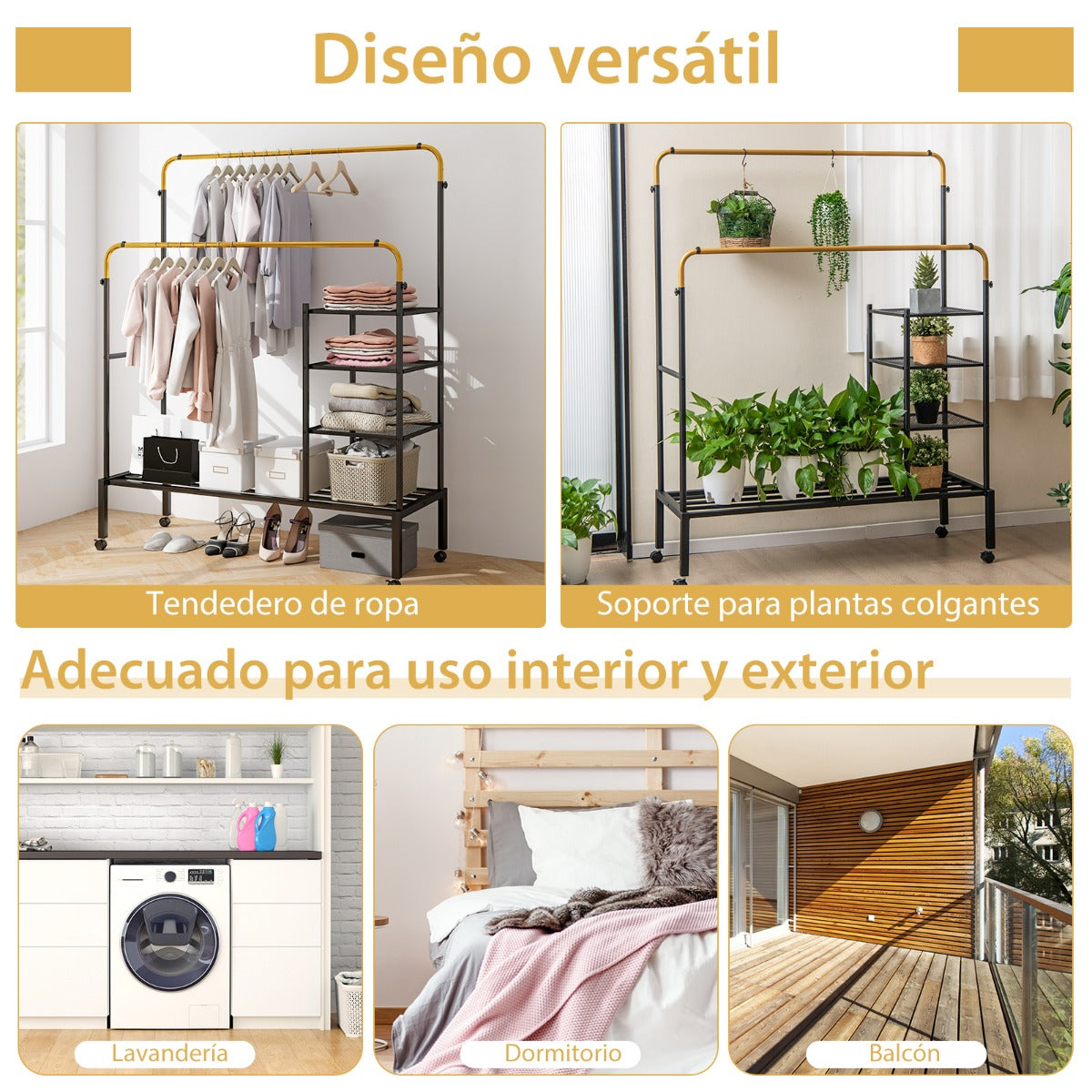 Perchero de Doble Varilla con Barras para Colgar de Altura Ajustable Estantes de Almacenamiento Ruedas Bloqueables para Colgar Oro