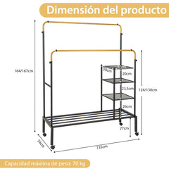 Perchero de Doble Varilla con Barras para Colgar de Altura Ajustable Estantes de Almacenamiento Ruedas Bloqueables para Colgar Oro