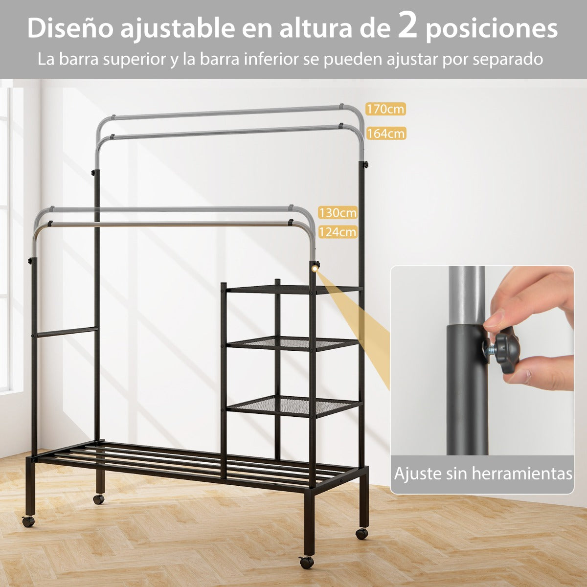 Perchero de Doble Varilla con Barras para Colgar de Altura Ajustable Estantes de Almacenamiento Ruedas Bloqueables para Colgar Plata