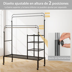 Perchero de Doble Varilla con Barras para Colgar de Altura Ajustable Estantes de Almacenamiento Ruedas Bloqueables para Colgar Plata