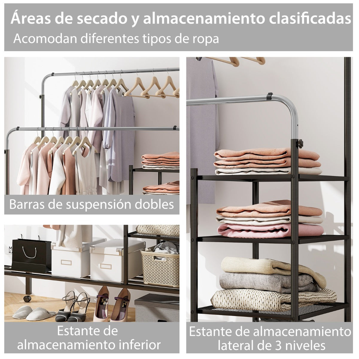 Perchero de Doble Varilla con Barras para Colgar de Altura Ajustable Estantes de Almacenamiento Ruedas Bloqueables para Colgar Plata