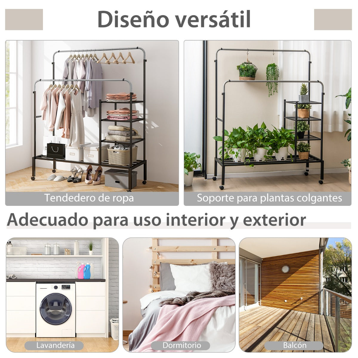 Perchero de Doble Varilla con Barras para Colgar de Altura Ajustable Estantes de Almacenamiento Ruedas Bloqueables para Colgar Plata