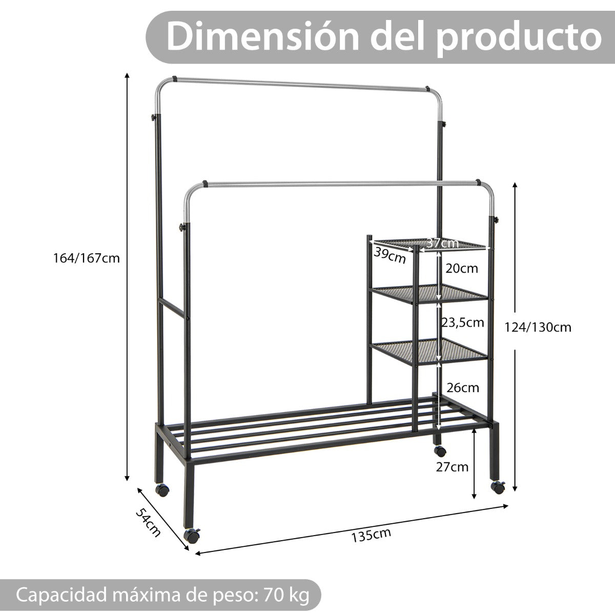 Perchero de Doble Varilla con Barras para Colgar de Altura Ajustable Estantes de Almacenamiento Ruedas Bloqueables para Colgar Plata