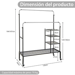 Perchero de Doble Varilla con Barras para Colgar de Altura Ajustable Estantes de Almacenamiento Ruedas Bloqueables para Colgar Plata