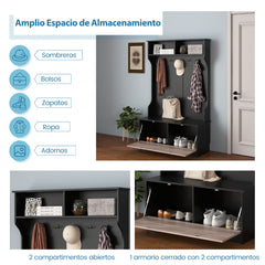 Perchero de Entrada con Zapatero Banco de Almacenamiento 1 Solapa 5 Ganchos Dobles Organizador para Dormitorio 100 x 40 x 160 cm Negro