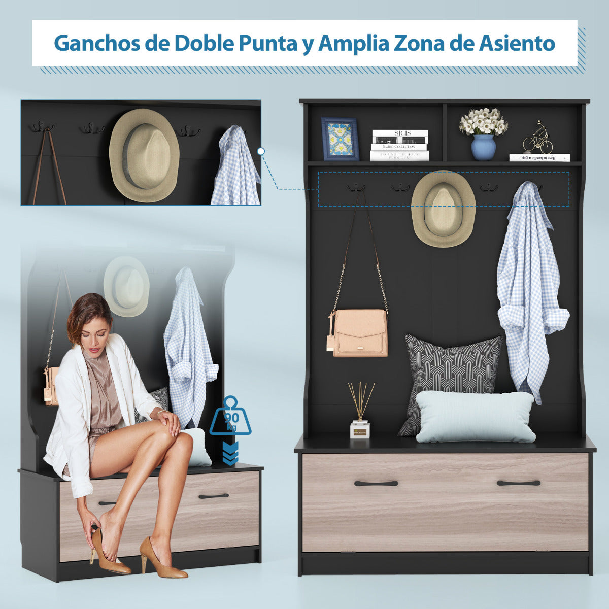 Perchero de Entrada con Zapatero Banco de Almacenamiento 1 Solapa 5 Ganchos Dobles Organizador para Dormitorio 100 x 40 x 160 cm Negro