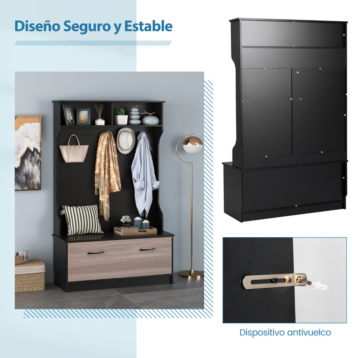Perchero de Entrada con Zapatero Banco de Almacenamiento 1 Solapa 5 Ganchos Dobles Organizador para Dormitorio 100 x 40 x 160 cm Negro