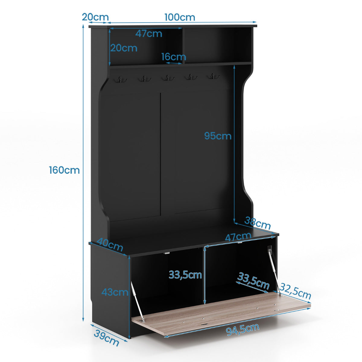 Perchero de Entrada con Zapatero Banco de Almacenamiento 1 Solapa 5 Ganchos Dobles Organizador para Dormitorio 100 x 40 x 160 cm Negro