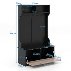 Perchero de Entrada con Zapatero Banco de Almacenamiento 1 Solapa 5 Ganchos Dobles Organizador para Dormitorio 100 x 40 x 160 cm Negro