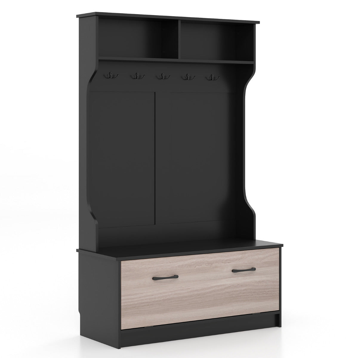 Perchero de Entrada con Zapatero Banco de Almacenamiento 1 Solapa 5 Ganchos Dobles Organizador para Dormitorio 100 x 40 x 160 cm Negro