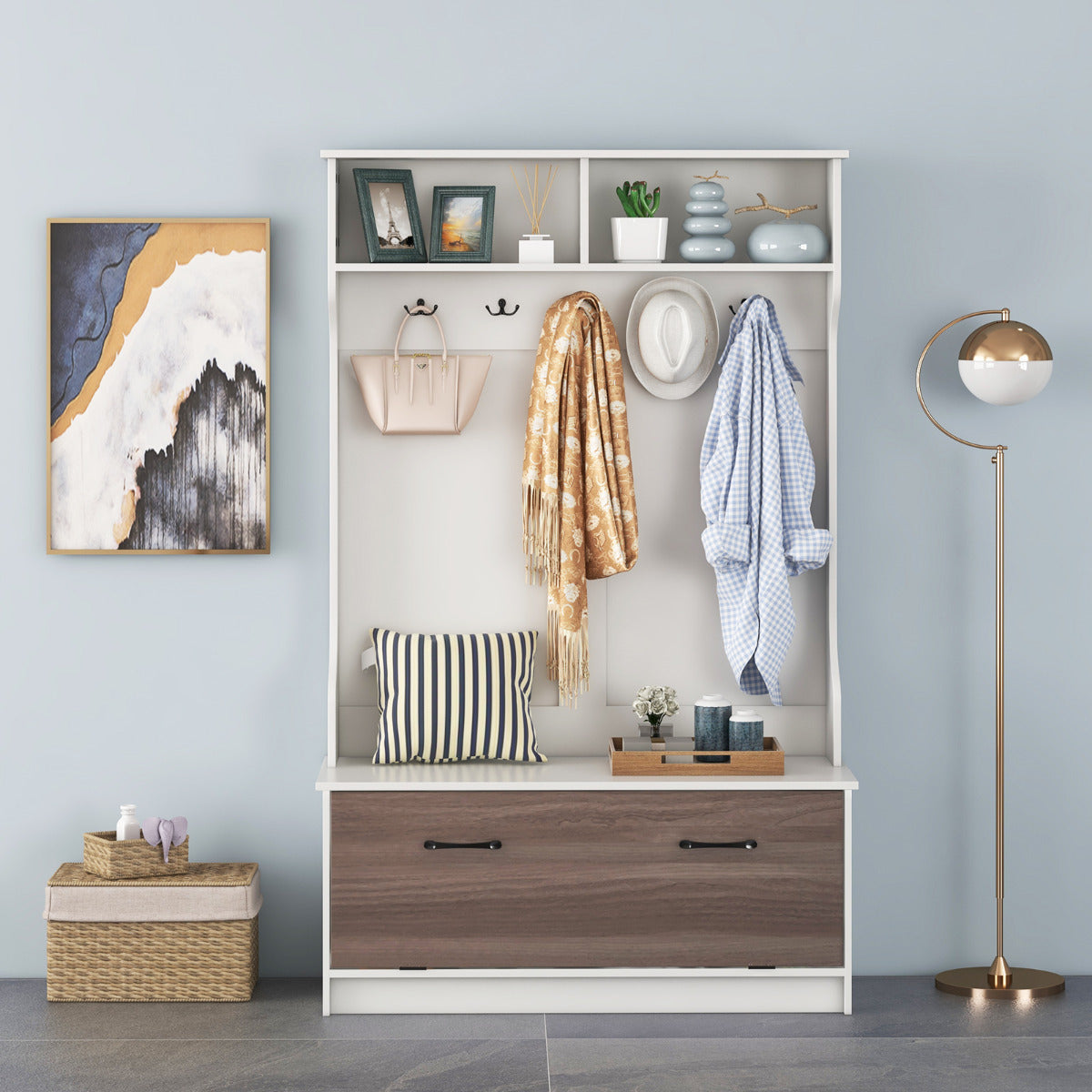Perchero de Entrada con Zapatero Banco de Almacenamiento 1 Solapa 5 Ganchos Dobles Organizador para Dormitorio 100 x 40 x 160 cm Blanco