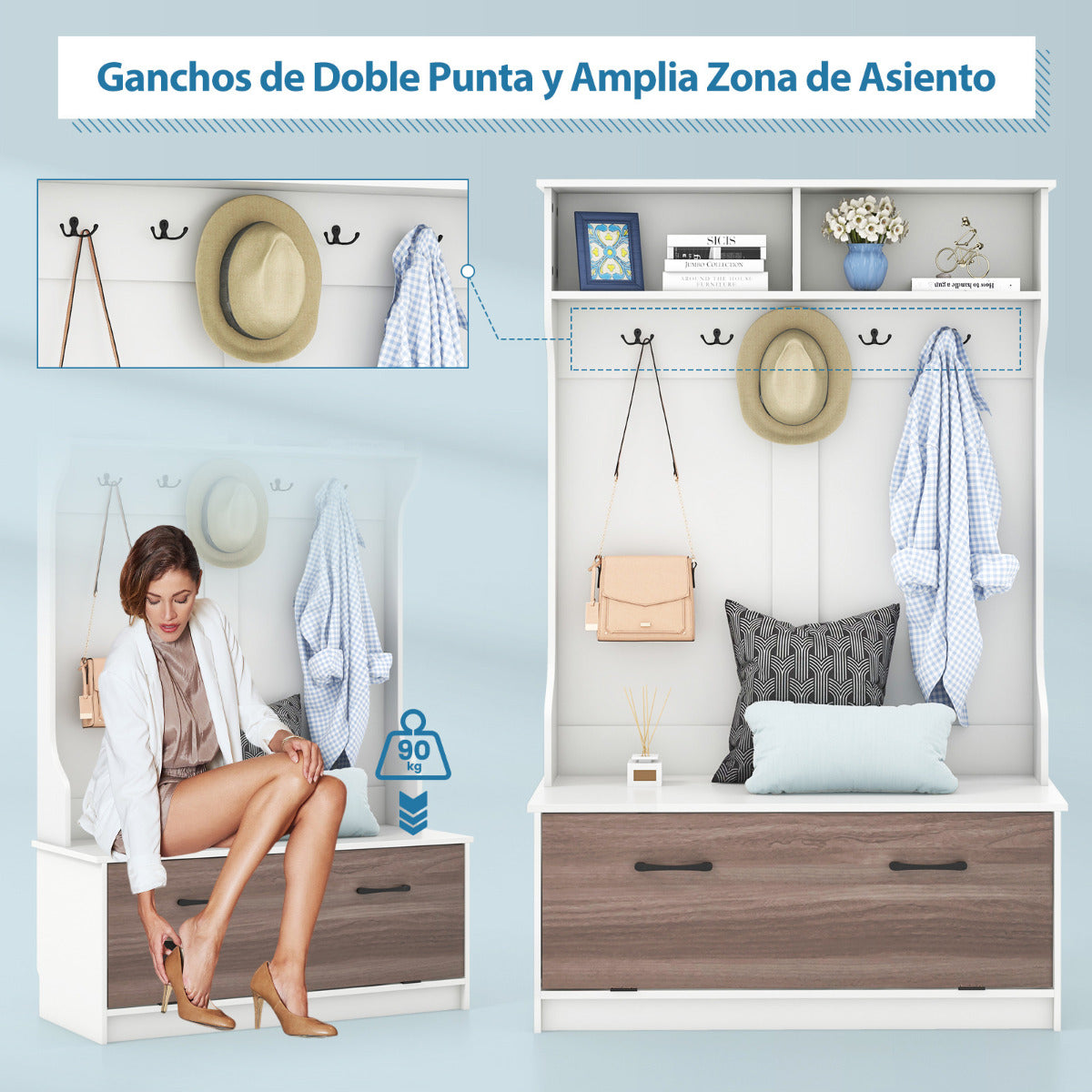 Perchero de Entrada con Zapatero Banco de Almacenamiento 1 Solapa 5 Ganchos Dobles Organizador para Dormitorio 100 x 40 x 160 cm Blanco