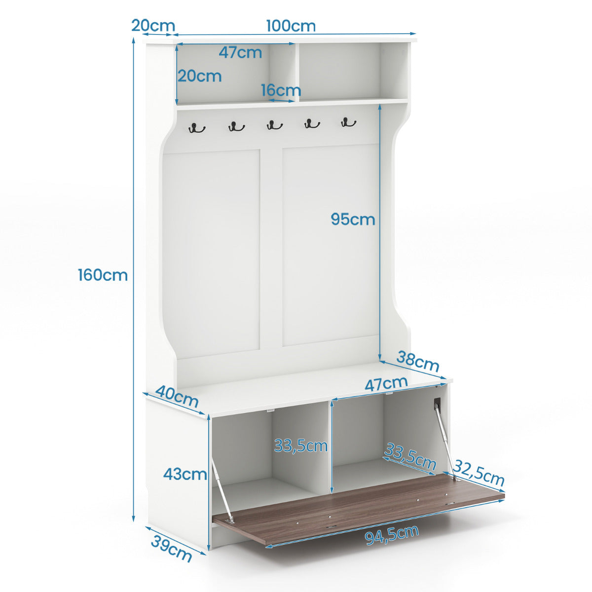 Perchero de Entrada con Zapatero Banco de Almacenamiento 1 Solapa 5 Ganchos Dobles Organizador para Dormitorio 100 x 40 x 160 cm Blanco