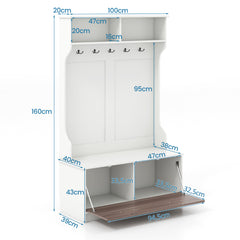 Perchero de Entrada con Zapatero Banco de Almacenamiento 1 Solapa 5 Ganchos Dobles Organizador para Dormitorio 100 x 40 x 160 cm Blanco