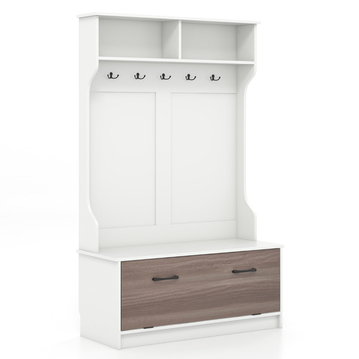 Perchero de Entrada con Zapatero Banco de Almacenamiento 1 Solapa 5 Ganchos Dobles Organizador para Dormitorio 100 x 40 x 160 cm Blanco