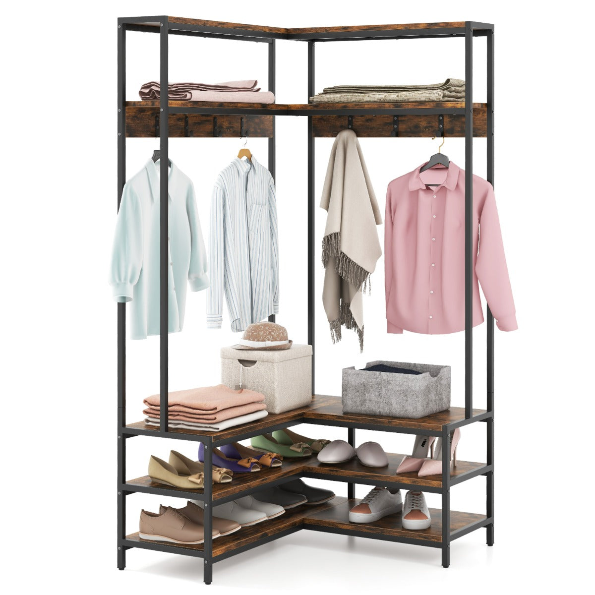 Perchero de Esquina con Estantes Abiertos y Ganchos Banco para Zapatos Estructura Metálica Sólida 90 x 90 x 178 cm Madera Rústica