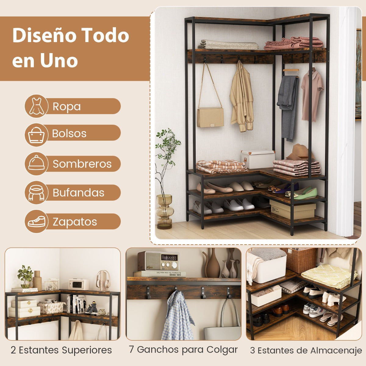 Perchero de Esquina con Estantes Abiertos y Ganchos Banco para Zapatos Estructura Metálica Sólida 90 x 90 x 178 cm Madera Rústica