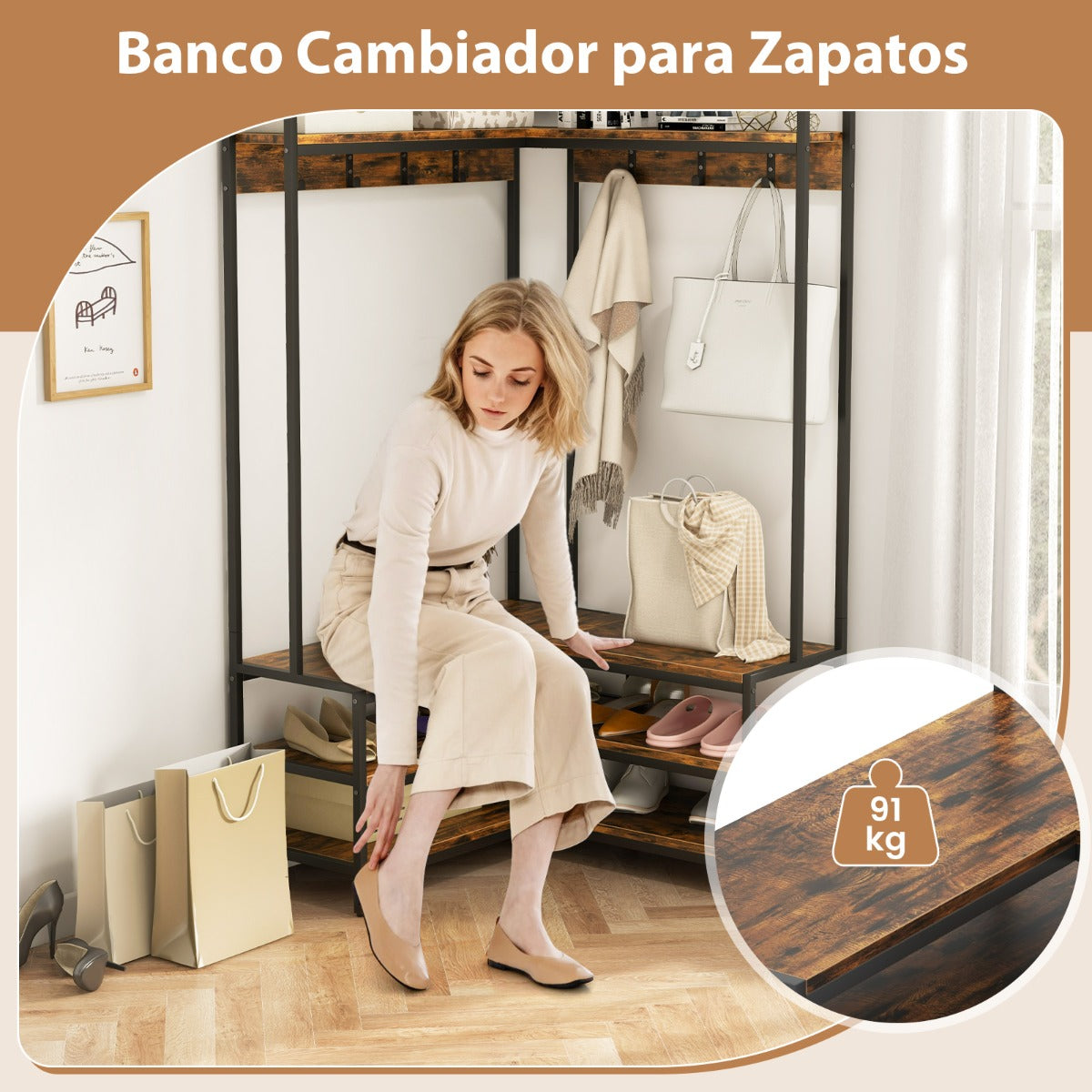 Perchero de Esquina con Estantes Abiertos y Ganchos Banco para Zapatos Estructura Metálica Sólida 90 x 90 x 178 cm Madera Rústica