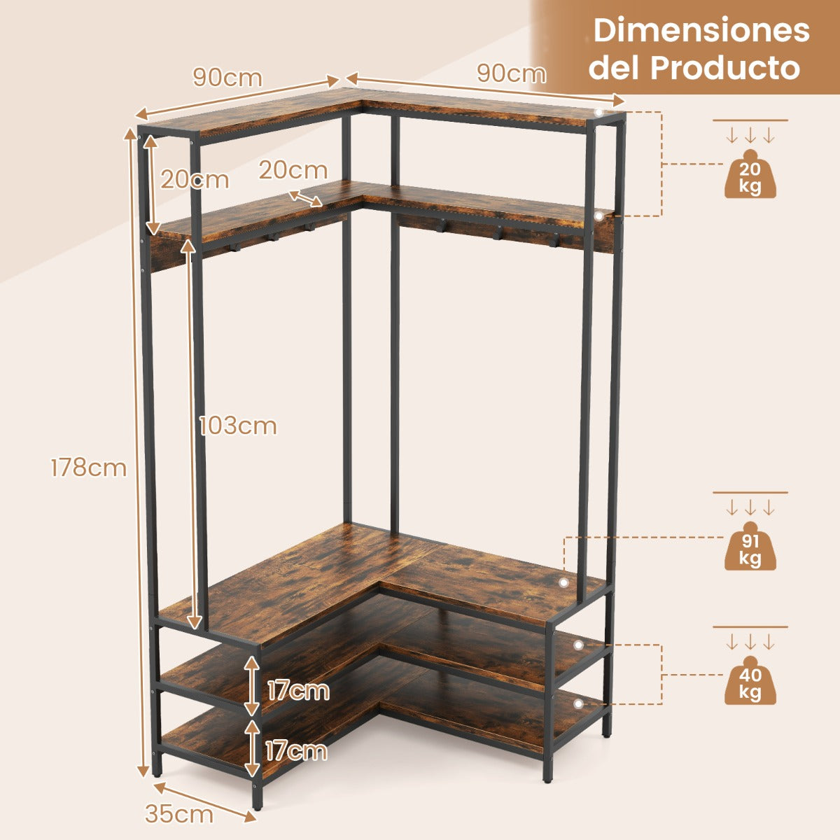 Perchero de Esquina con Estantes Abiertos y Ganchos Banco para Zapatos Estructura Metálica Sólida 90 x 90 x 178 cm Madera Rústica
