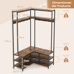 Perchero de Esquina con Estantes Abiertos y Ganchos Banco para Zapatos Estructura Metálica Sólida 90 x 90 x 178 cm Madera Rústica
