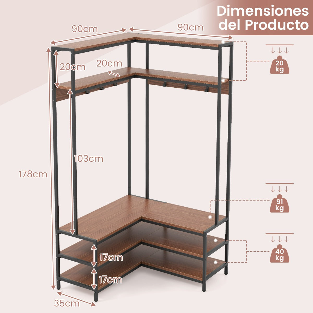 Perchero de Esquina con Estantes Abiertos y Ganchos Banco para Zapatos Estructura Metálica Sólida 90 x 90 x 178 cm Nuez