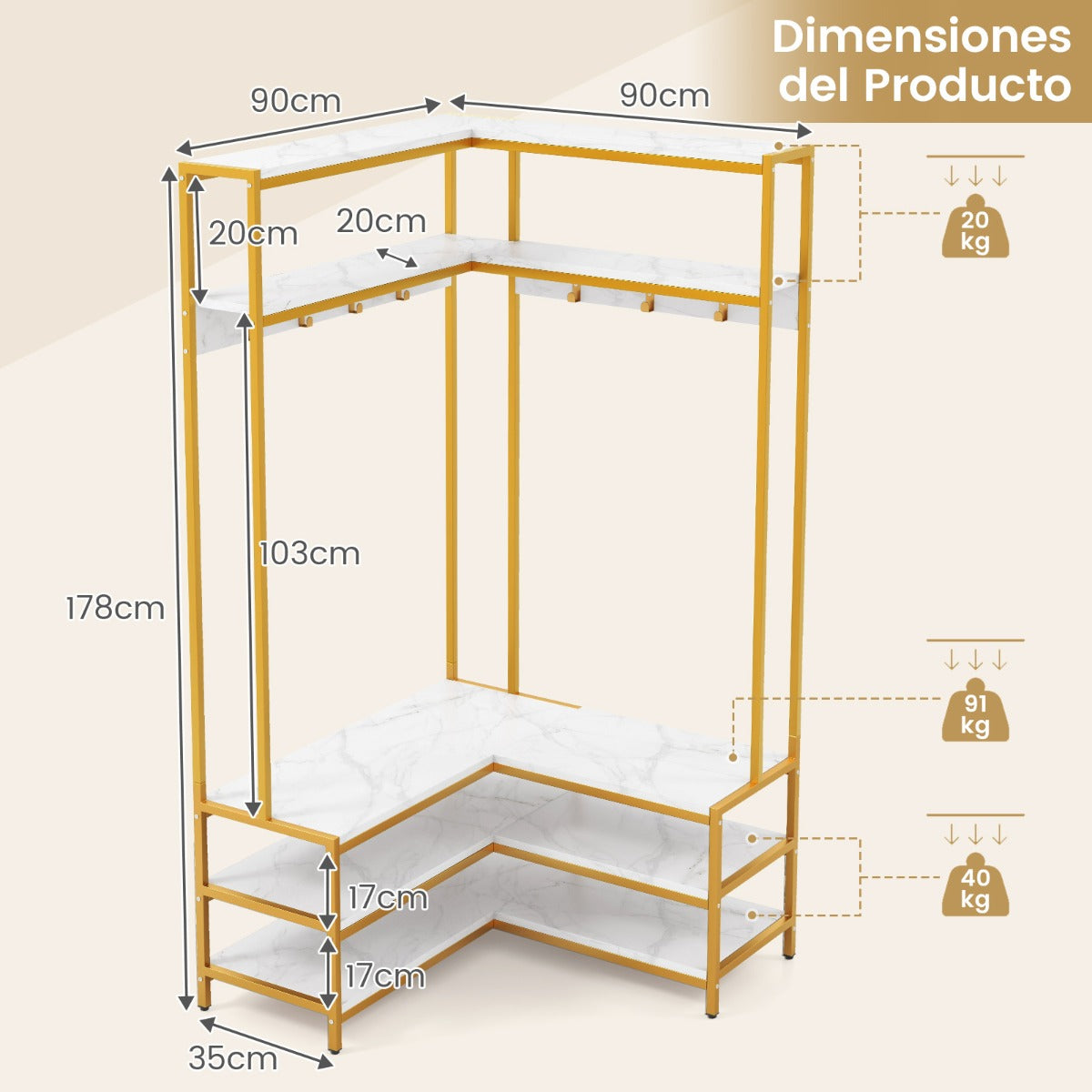 Perchero de Esquina con Estantes Abiertos y Ganchos Banco para Zapatos Estructura Metálica Sólida 90 x 90 x 178 cm Blanco