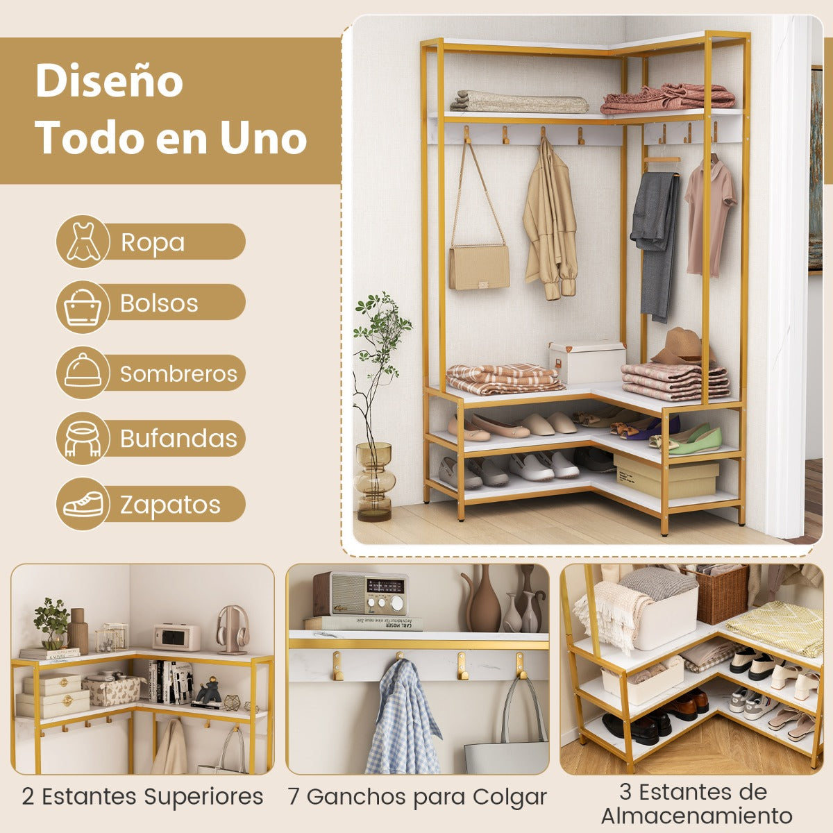 Perchero de Esquina con Estantes Abiertos y Ganchos Banco para Zapatos Estructura Metálica Sólida 90 x 90 x 178 cm Blanco