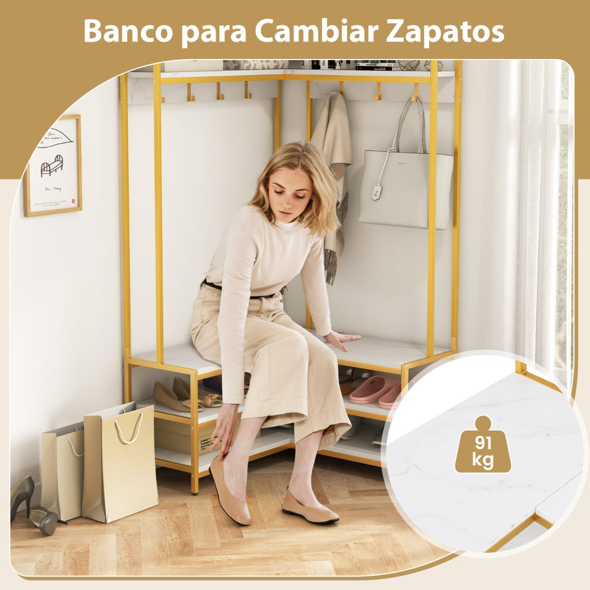 Perchero de Esquina con Estantes Abiertos y Ganchos Banco para Zapatos Estructura Metálica Sólida 90 x 90 x 178 cm Blanco