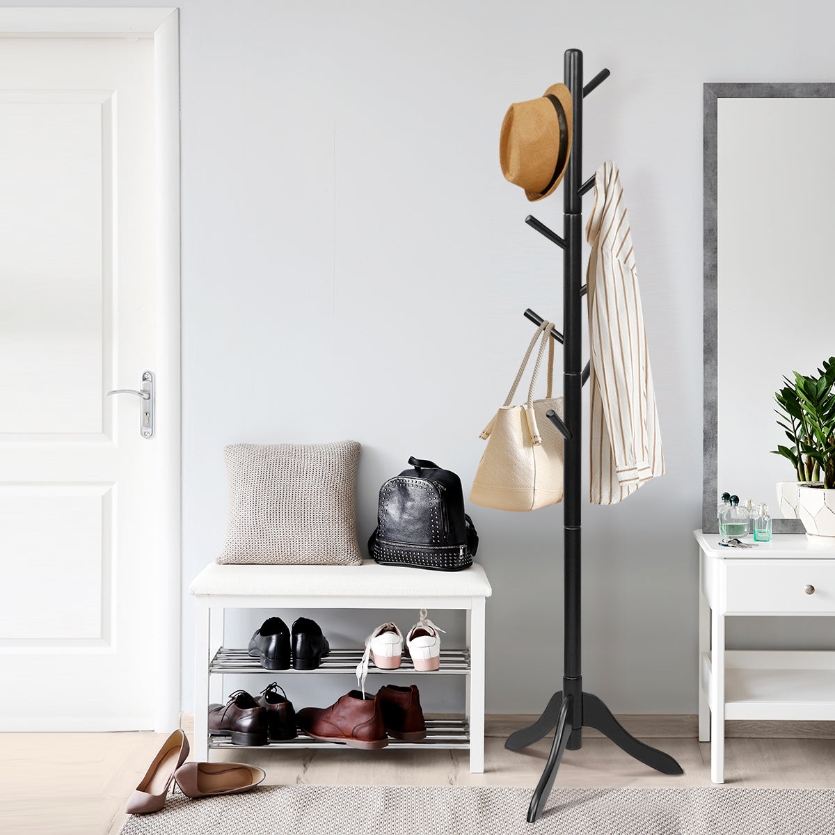 Perchero de Madera con 8 Ganchos Ajustables Árbol para Abrigos Montaje Sencillo Hasta 175cm-Negro