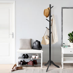 Perchero de Madera con 8 Ganchos Ajustables Árbol para Abrigos Montaje Sencillo Hasta 175cm-Negro