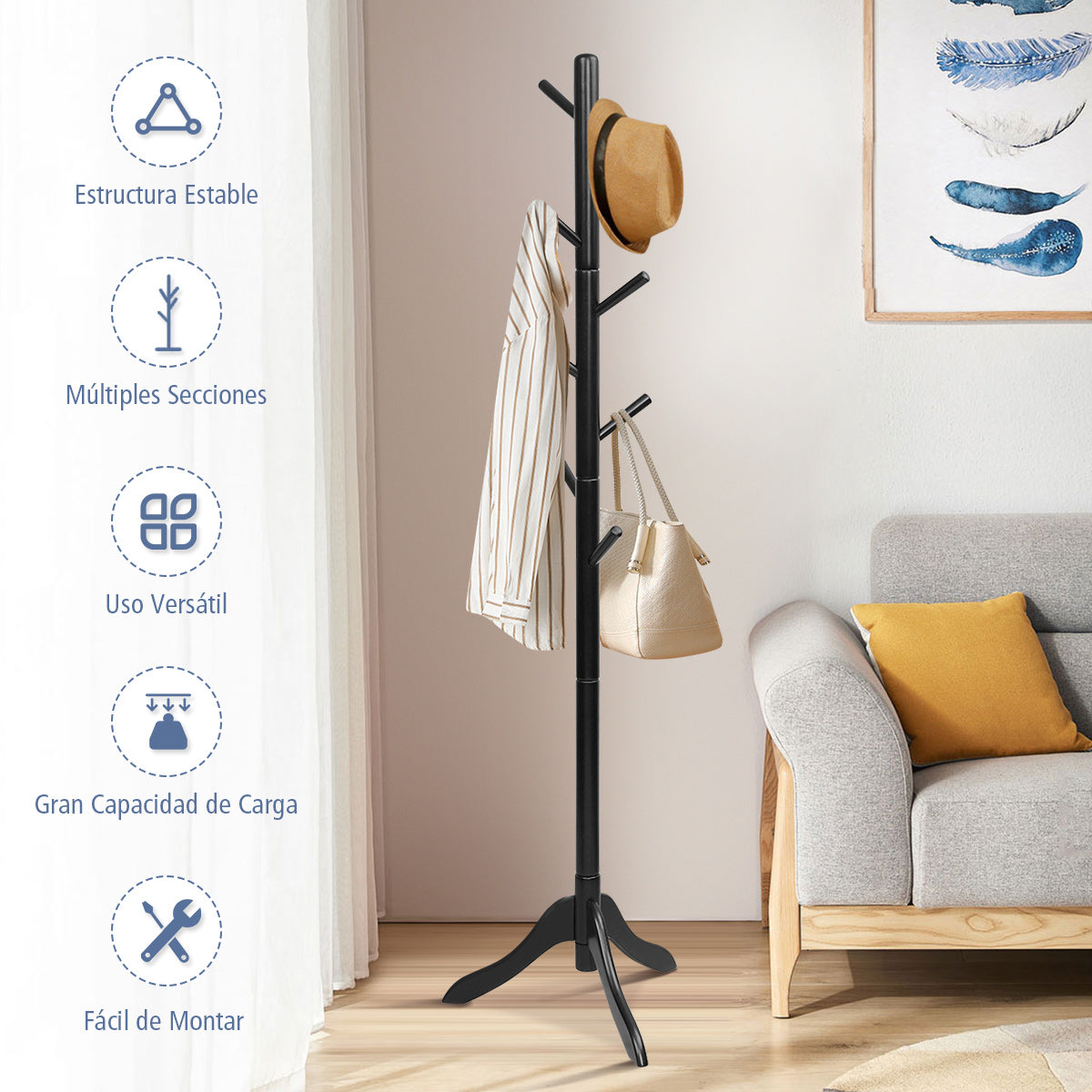 Perchero de Madera con 8 Ganchos Ajustables Árbol para Abrigos Montaje Sencillo Hasta 175cm-Negro