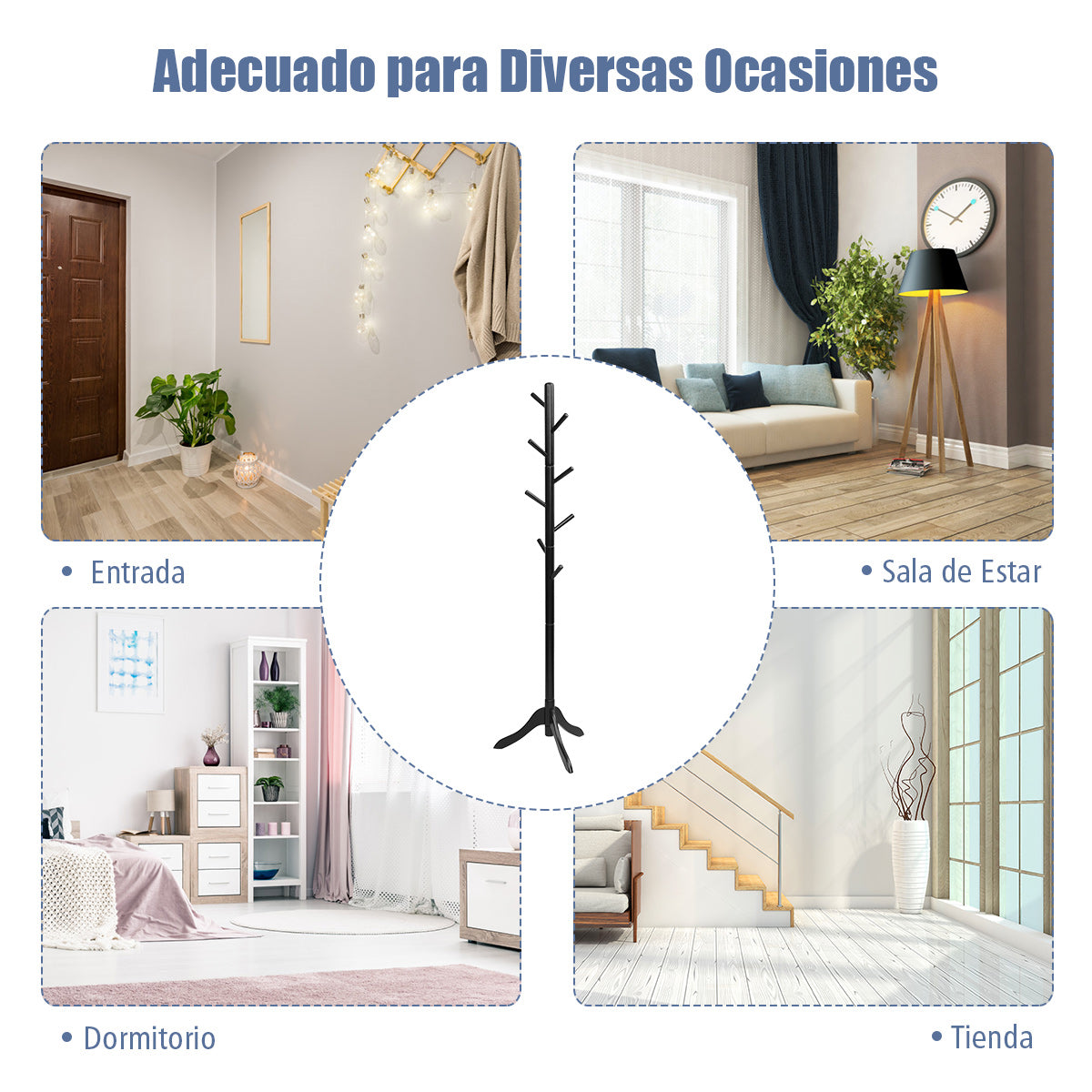 Perchero de Madera con 8 Ganchos Ajustables Árbol para Abrigos Montaje Sencillo Hasta 175cm-Negro