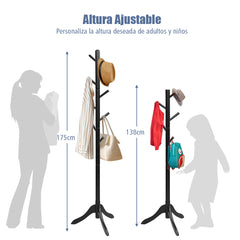 Perchero de Madera con 8 Ganchos Ajustables Árbol para Abrigos Montaje Sencillo Hasta 175cm-Negro