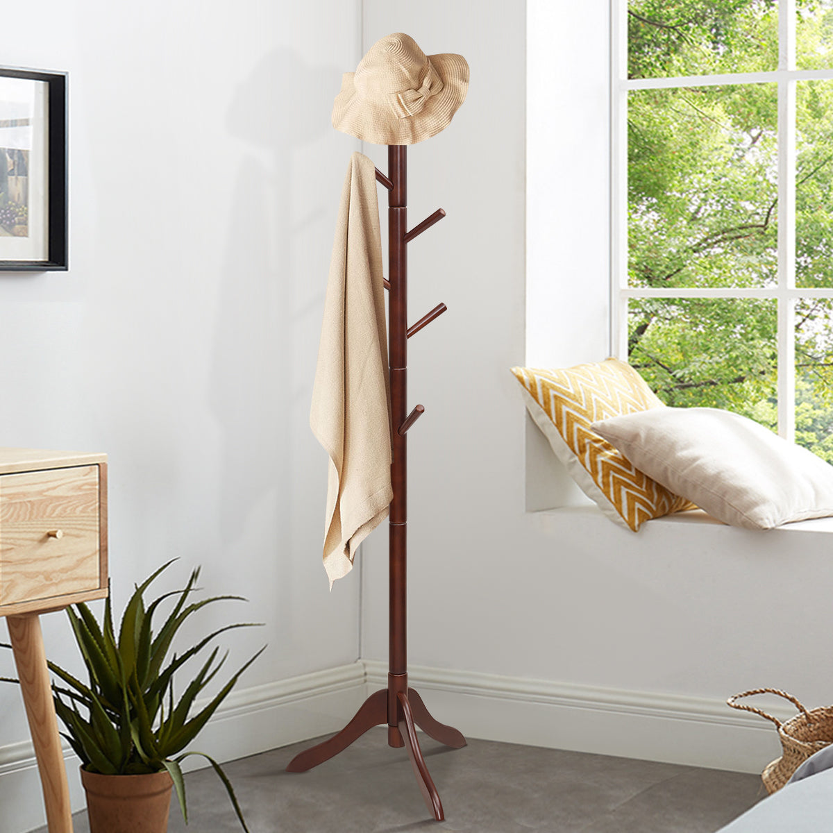 Perchero de Madera con 8 Ganchos Ajustables Árbol para Abrigos Montaje Sencillo Hasta 175cm-Marrón