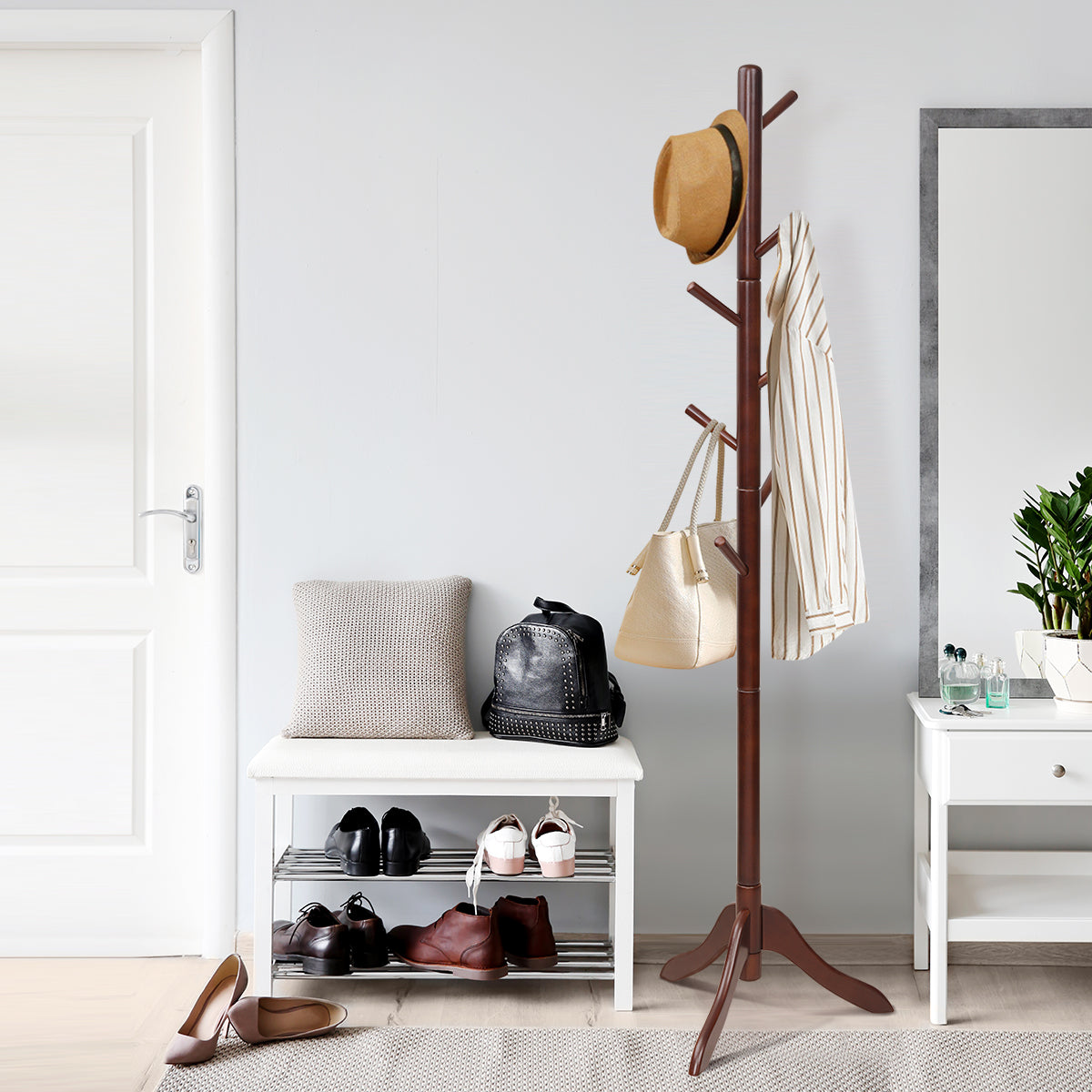 Perchero de Madera con 8 Ganchos Ajustables Árbol para Abrigos Montaje Sencillo Hasta 175cm-Marrón